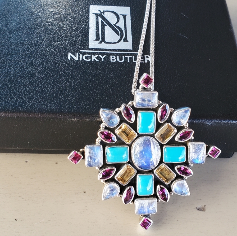 NICKY BUTLER Sterling Silver Moonstone Turquoise Garnet Brooch Pendant Necklace